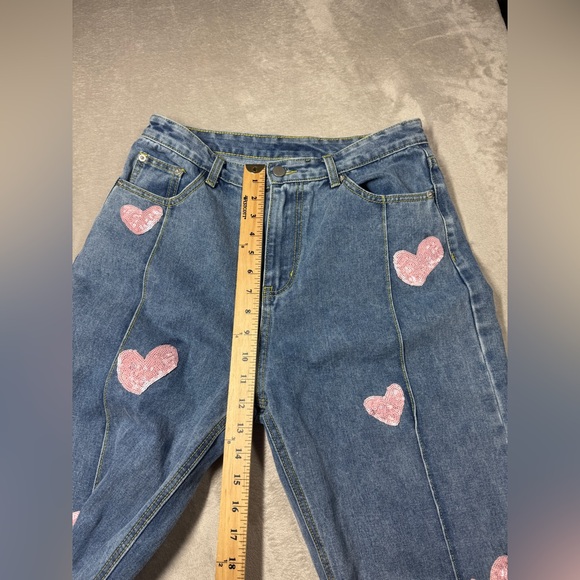 Cider Novelty Sequin Heart Patch Wide Leg High Rise Denim Blue Jeans Size Large - Picture 8 of 15